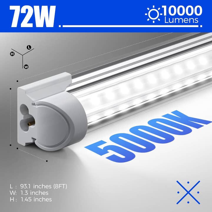 K LED Shop Light, 8FT 72W 10000LM 5000K, Daylight White, V Shape, Clear Cover, Hight Output, Linkable, T8 LED Tube Lights, for Garage 8 Foot with Plug (Pack of 10) for wholesale on Faire