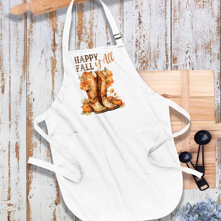 Happy Fall Y'All Cowboy Boots Western Kitchen Cotton Apron for wholesale by Avery Lane Gifts