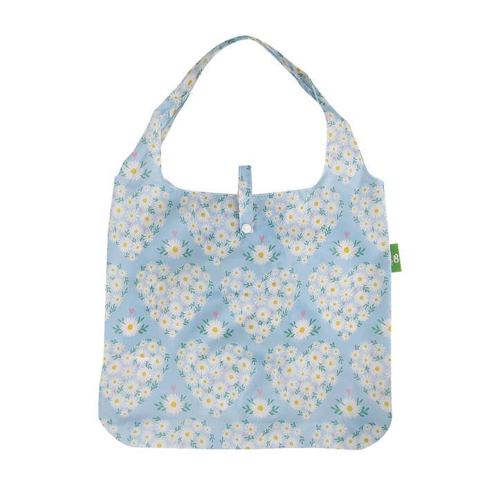 A102BU - Eco Chic Foldable Reusable Shopping Bag Daisy Hearts Blue (Pack of 2) for wholesale by Eco Chic