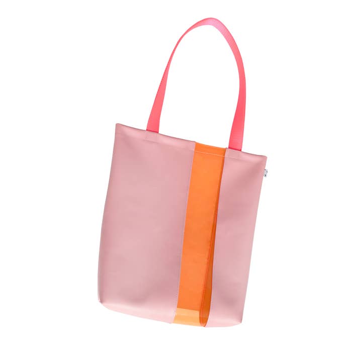 Pink & Orange Vegan Leather/Vinyl Stripe Tote Bag for wholesale by Kate Corn
