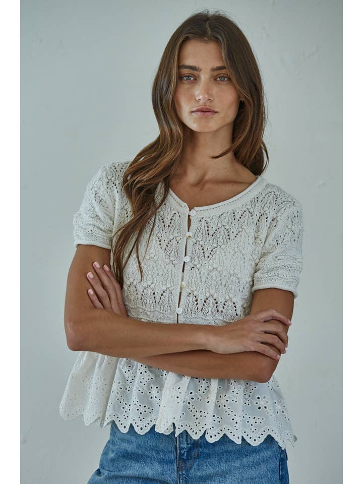 Ivory W2407 | Knit Sweater Round Neck Short Sleeve Button Down Top for wholesale on Faire