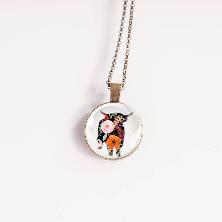 Floral Highland Cow Pendant Necklace Boho Western for wholesale by Whimsy Spirit Shop