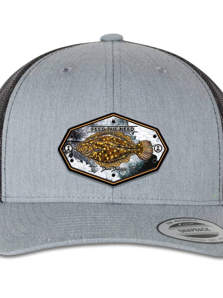 Flounder Kraken 6 Panel Trucker Snap Back Heather Grey Black Hat for wholesale by David Dunleavy