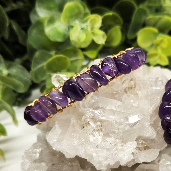 Meraki Gemstones - Wholesale Cuff Bracelet - Amethyst Bangle/Cuff/Wire Wrapped Bracelet-18kt.Gold Overlay