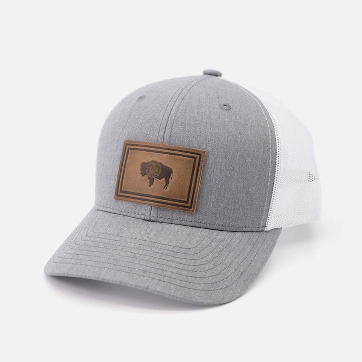 Range Leather Co. - Wholesale Trucker Hat - Unisex - Wyoming Flag Hat | Leather Patch Trucker Hat