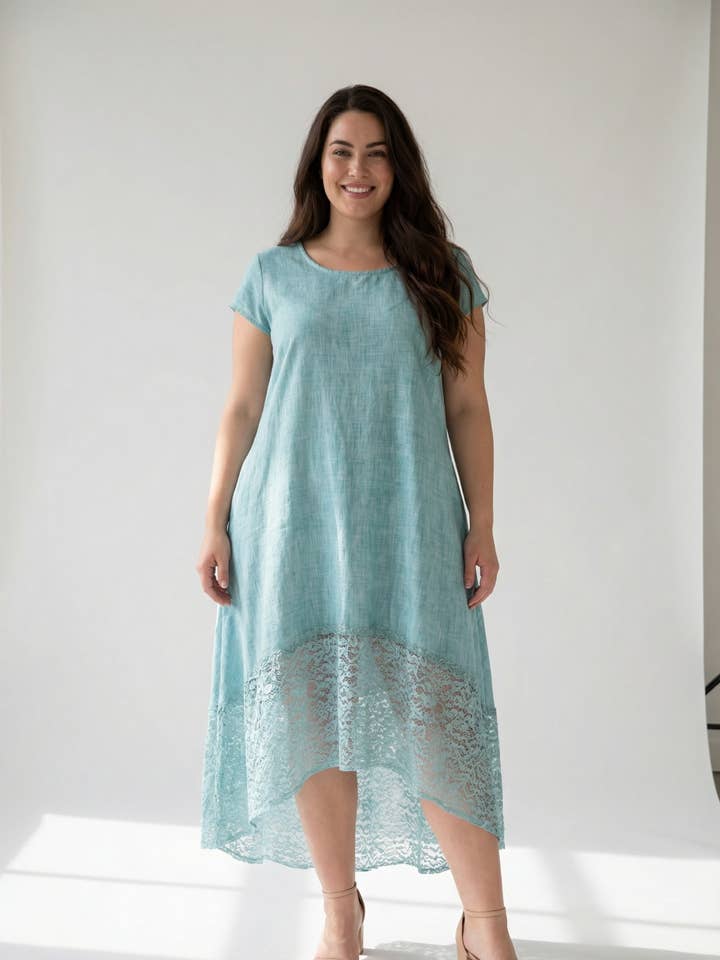 Turquoise dress with lace plus size (C8016) for wholesale by Pomme Rouge Paris