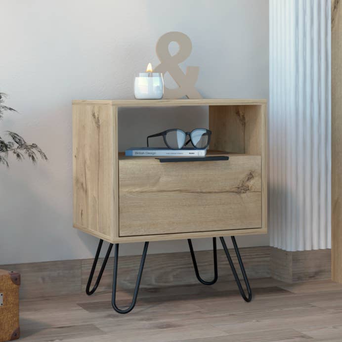 Skyoner Nightstand, Hairpin Legs, Light Oak Finish for wholesale by Treevol Furniture