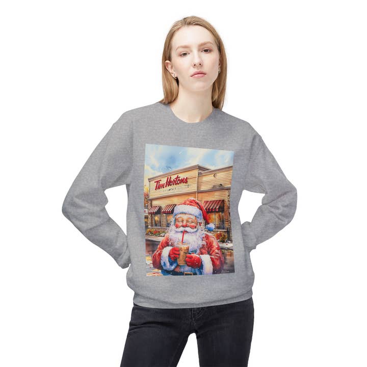Buffalovely - Wholesale Graphic Sweatshirt - Women's - Santa with an Iced Coffee at Tim Horton's Cozy Unisex Christmas Crewneck Sweatshirt25