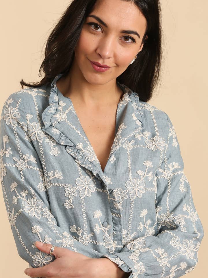 LOVIE & CO - Wholesale Button Down Shirt - Women's - Embroidered floral blouse - 4866T-CAITLIN2