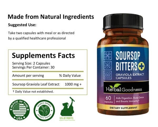 Herbal Goodness - Wholesale Oral Supplement/Vitamin - Soursop Bitters Extract - Capsules 60/600mg - Deep Body Cleanse and Detox - Herbal Goodness4
