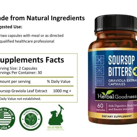 Herbal Goodness - Wholesale Oral Supplement/Vitamin - Soursop Bitters Extract - Capsules 60/600mg - Deep Body Cleanse and Detox - Herbal Goodness4