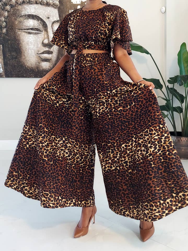 Palazzo Set Pant & Crop Top - Brown Animal Print for wholesale by India Batik