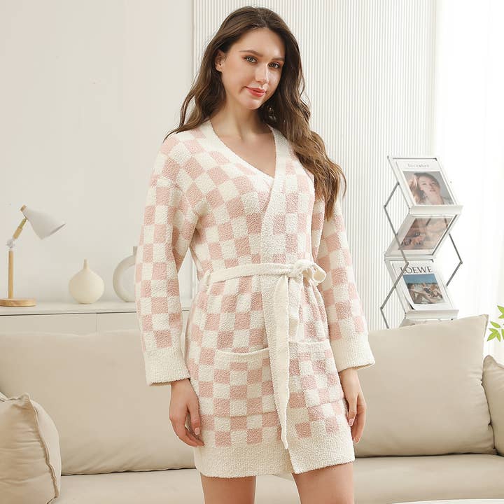 Fashion City - Wholesale Robe - Women's - Cozy Checkered Robe with Pocket & Belt 9