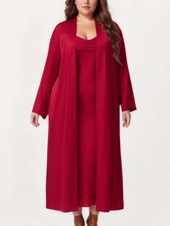 Plus Size Long Robe Set with Soft Draped Silhouette and Smooth Flowing Fabric for an Layered Lounge Look for wholesale by Anna Kaci Wholesale