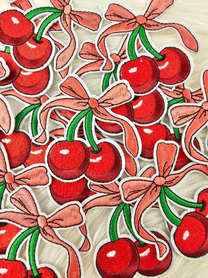 Cherry with Pink Bow Embroidery Iron On Patch for wholesale by Scratch Decor