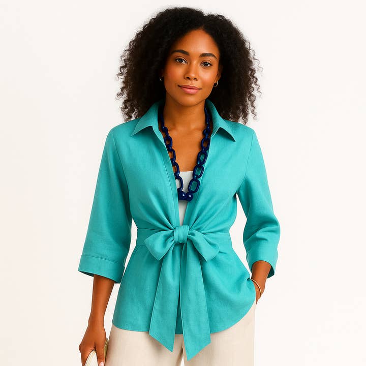 Giacca in lino con nodo frontale per la vendita all'ingrosso da parte di Dawn Bacchus