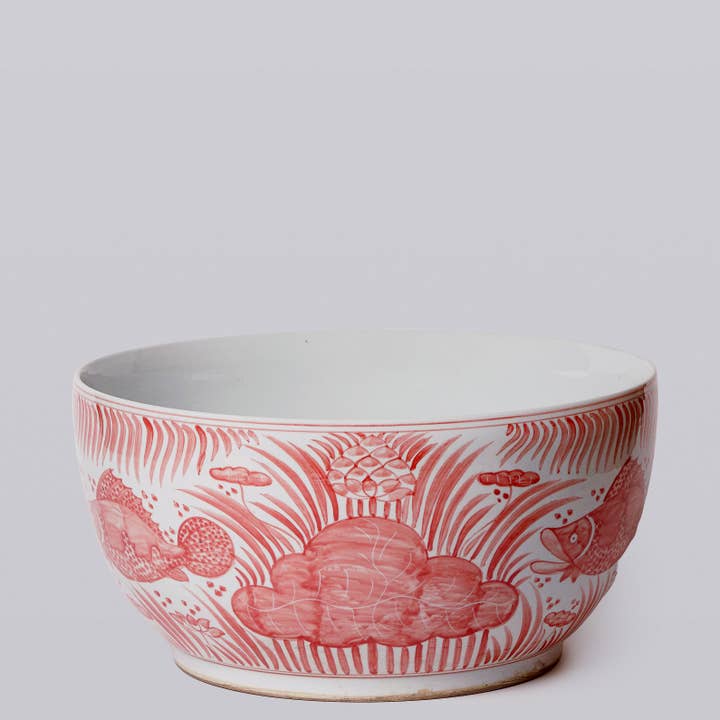 Cobalt Guild - Wholesale Decoratief bord/schotel/kom - Rood en Wit Porseleinen Vis en Lotus Grote Kom2