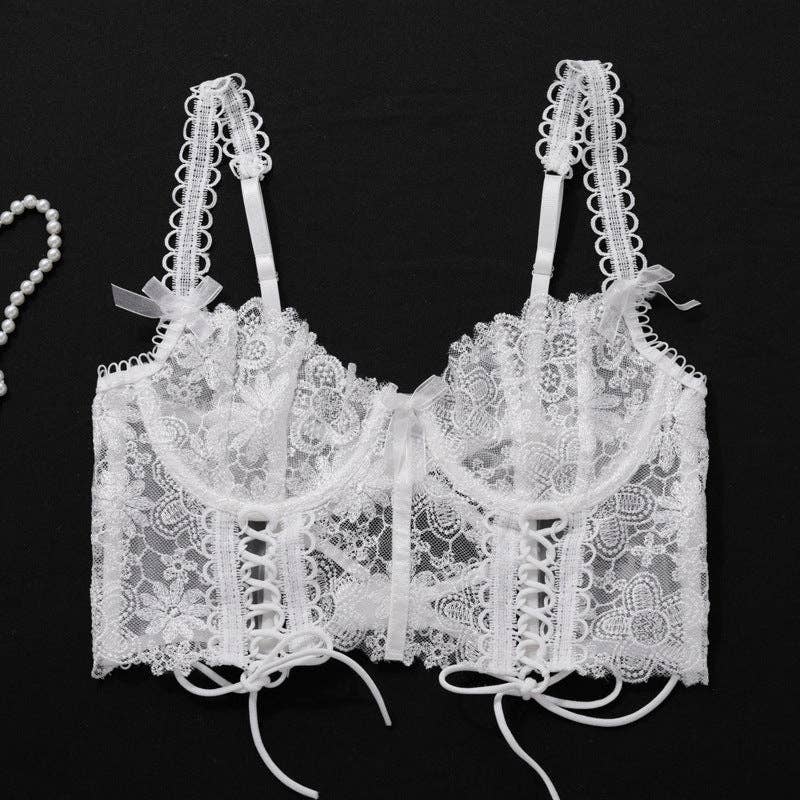Hvid Damer Blomstret Broderi 2-delt Lingeri Korsetsæt SKLG4101 for engroshandel på Faire6