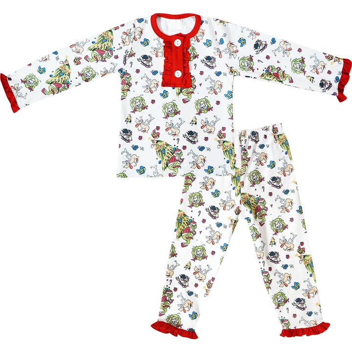 Baby Girls Christmas Grinch Inspired Pajamas Loungewear Set for wholesale by Angeline Kids