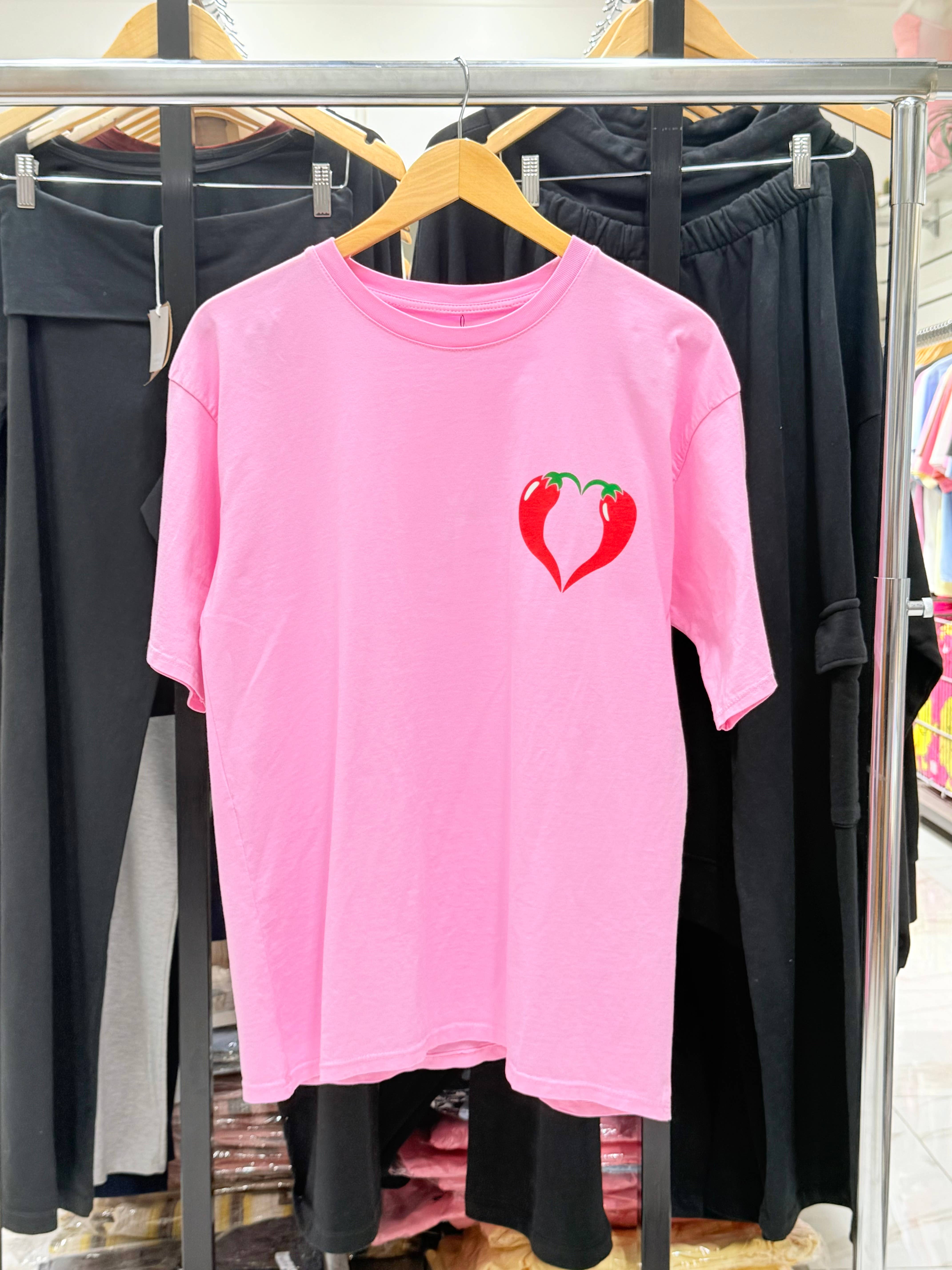 Pink Round neck cotton t-shirt with spicy love print  for wholesale on Faire1