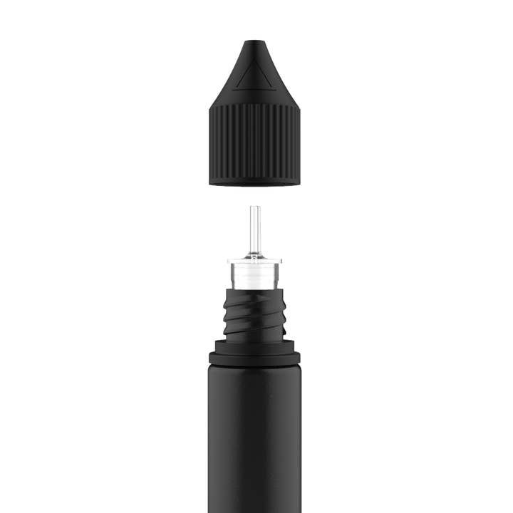 Copackr - Venta al por mayor Recipiente de viaje - Chubby Gorilla, botella de unicornio de 20 ml, botella negra sólida, tapa negra, V3
