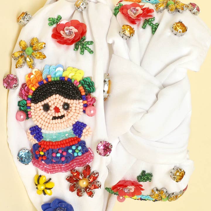 Crystal Bead Embellished Mexican Doll Top Knotted Headband for wholesale by SP Sophia Collection