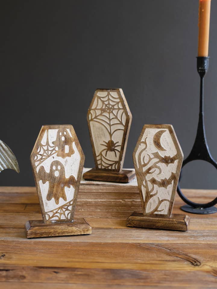 S/3 WOOD HALLOWEEN COFFIN SCENES for wholesale by Kalalou