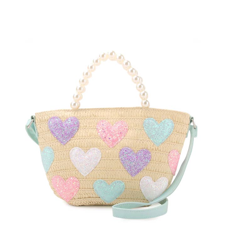 OMG Accessories - Wholesale Tote Bag - Kids - Glitter Hearts Straw Pearl Handle Tote Bag1