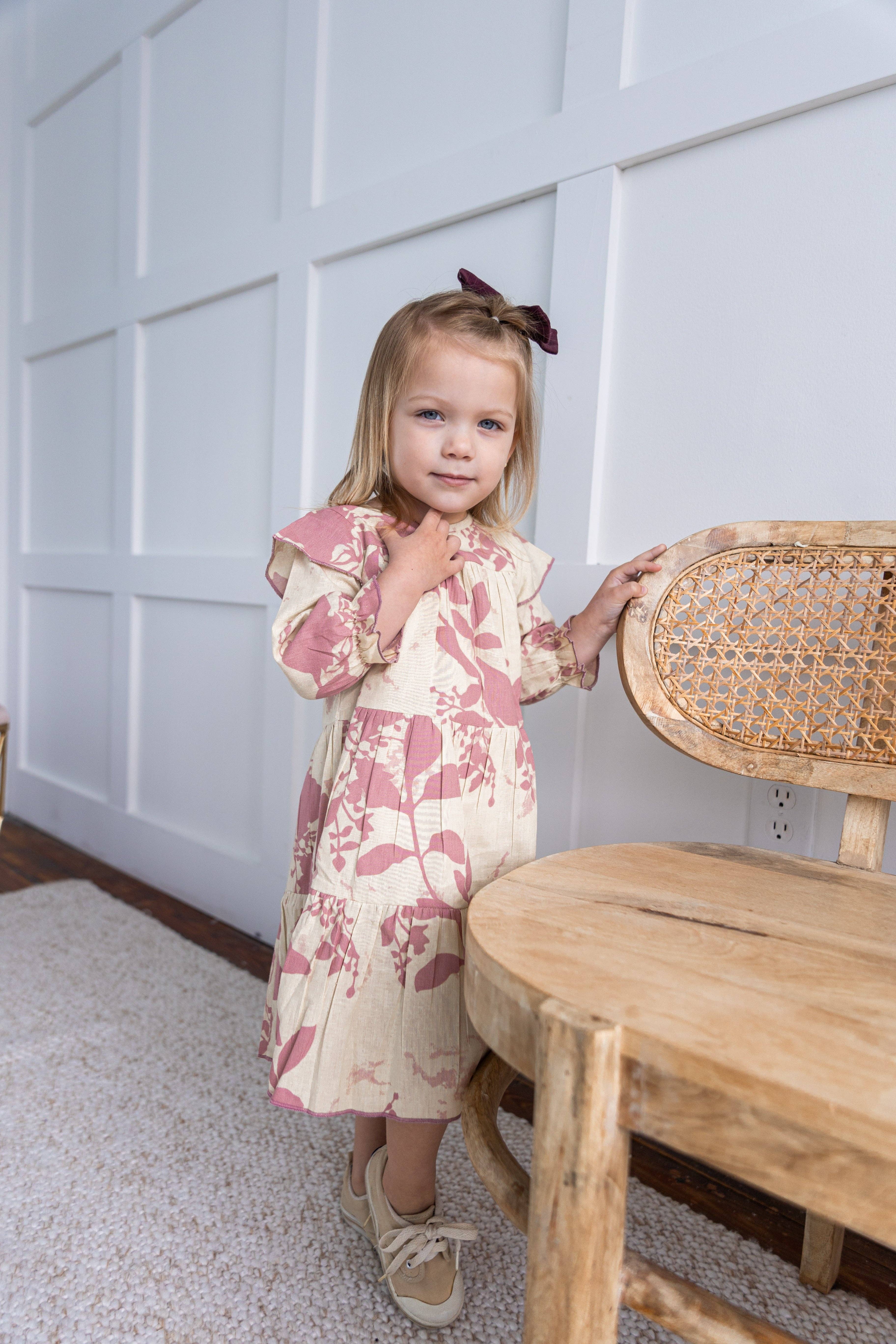 Yo Baby - Wholesale Dress - Kids - Dark Pink Leaf Printed Tiered Long Sleeve Dress6
