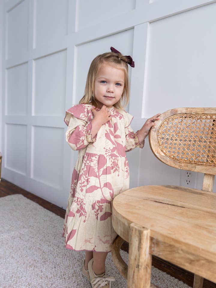Yo Baby - Wholesale Dress - Kids - Dark Pink Leaf Printed Tiered Long Sleeve Dress6