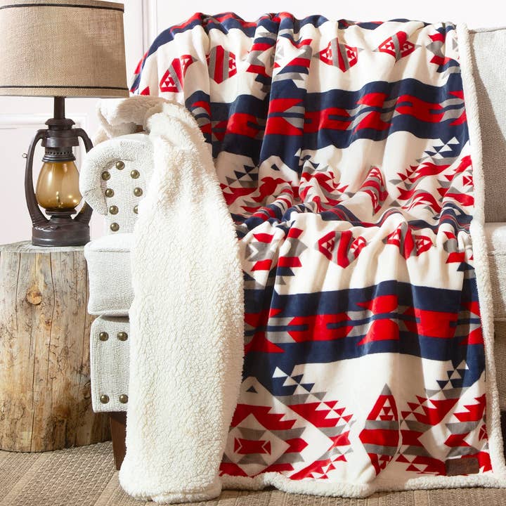 Carstens, Inc. - Wholesale Throw Blanket - Wrangler® Red, White, and Blue Southwest Plush Sherpa Throw