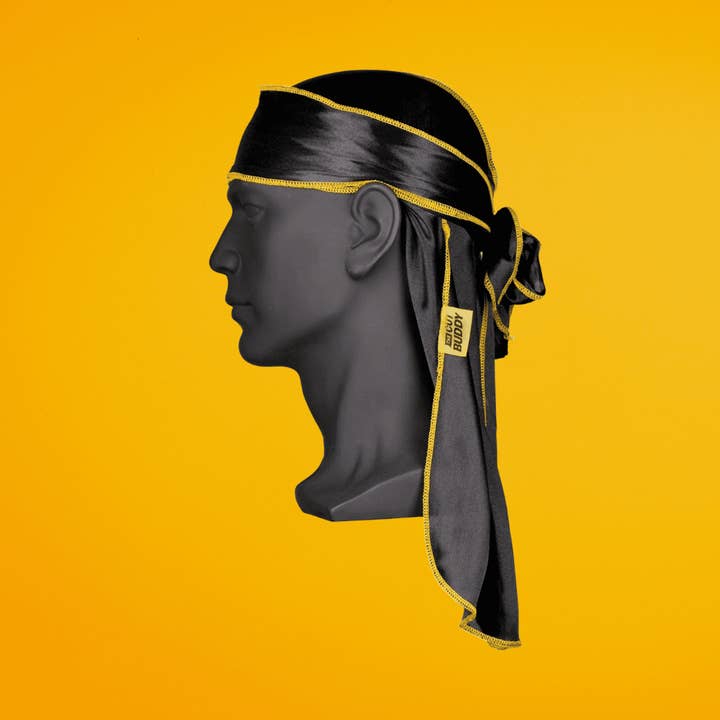 Nick Wavy Collection - Satin Durag (Black Body / Yellow Stitch) for wholesale by The Cut Buddy