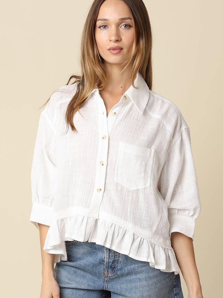 Kali Button Front Ruffle Hem Top for wholesale by Olivaceous