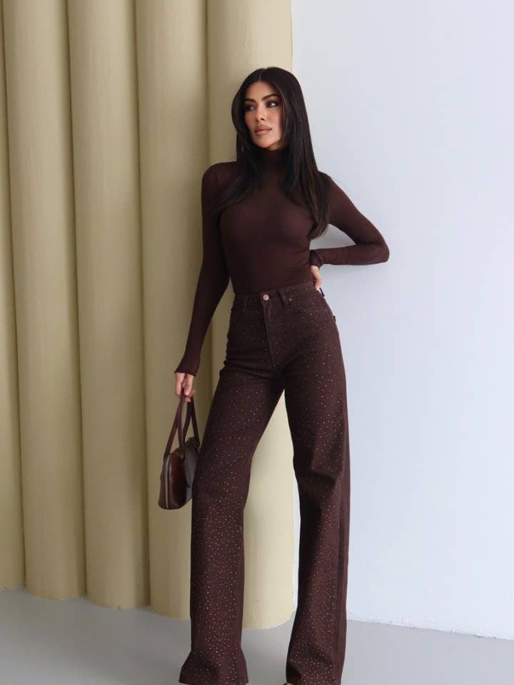 High Waist Embellished Wide Leg Brown Jeans for Women for wholesale by Shebelle