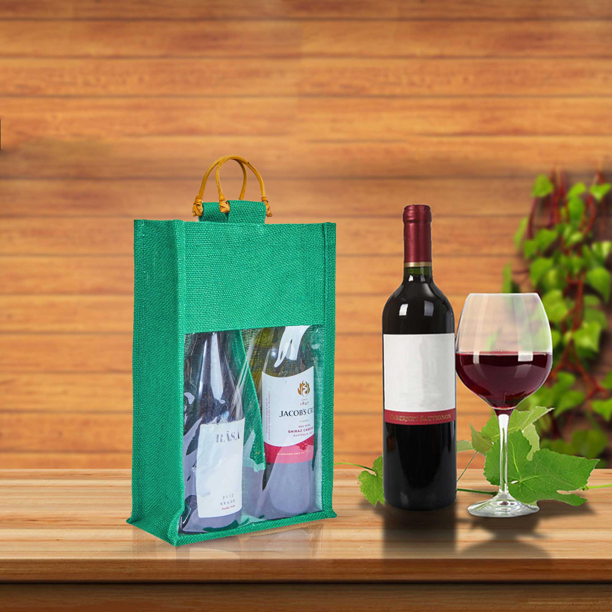 ecojutebags – wholesale Wine gift bag – 6-Pack Burlap Wine Bags with Cane Handle & Clear PVC Window23