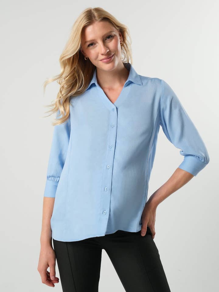 Camisa de Amamentação com Botões e Sem Lacunas - Azul Claro por atacado de MARION