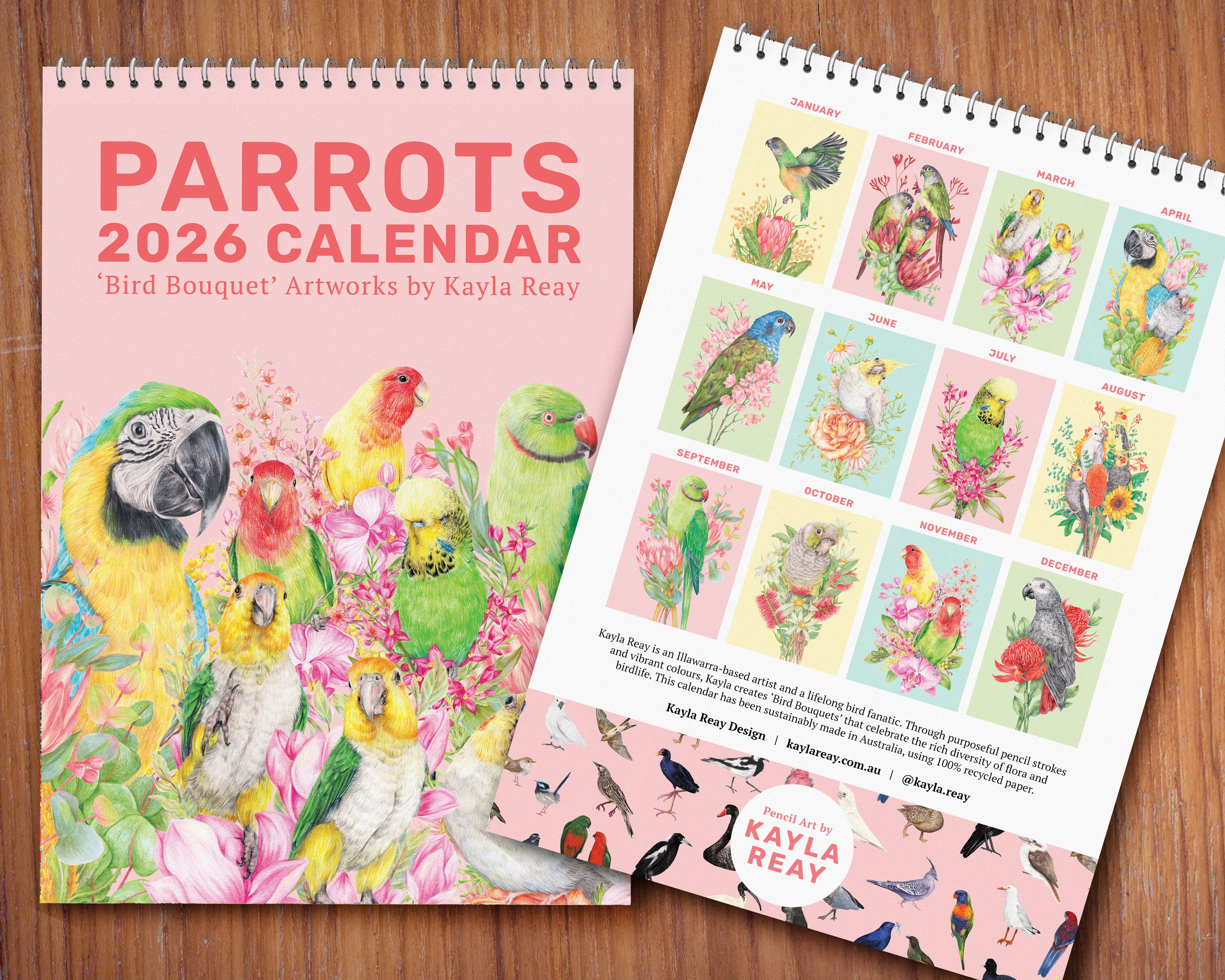 Kayla Reay Design - Wholesale Calendar - 2026 Parrots Calendar - Australian Artist Bird Art Planner7