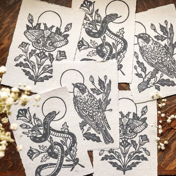 Mustard Beetle - Wholesale Art Print - IO Moth & Poppies Handprinted Linocut on Handmade Paper 5x7"1