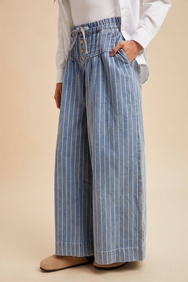 Striped Denim Pin Tuck Detail Wide Leg Pants for wholesale on Faire2