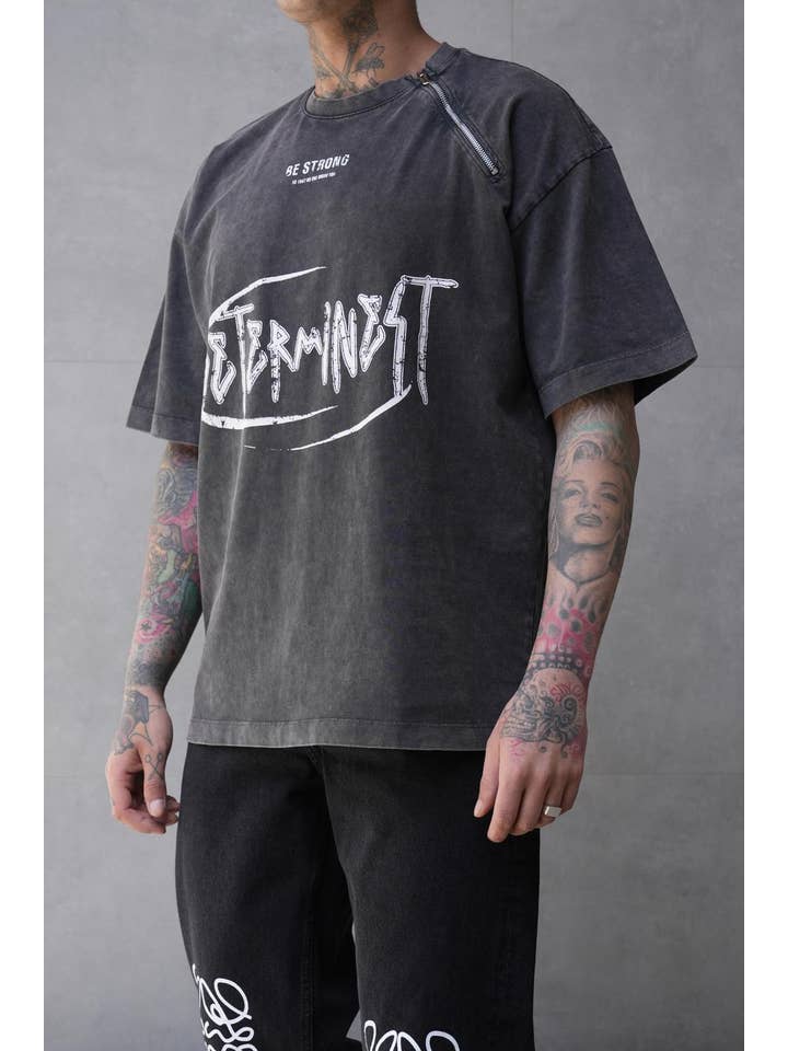 Monocloth - Wholesale Screen printed t-shirt – Men′s - Black Vintage Print Oversized Zipper T-Shirt 6471Black1