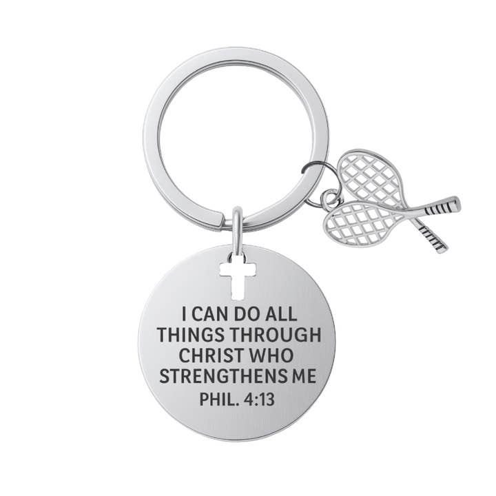 Tennis Charm Keychain, Christian Faith Charm Keychain, I Can Do All Things Through Christ Who Strengthens Me for wholesale by Sportybella