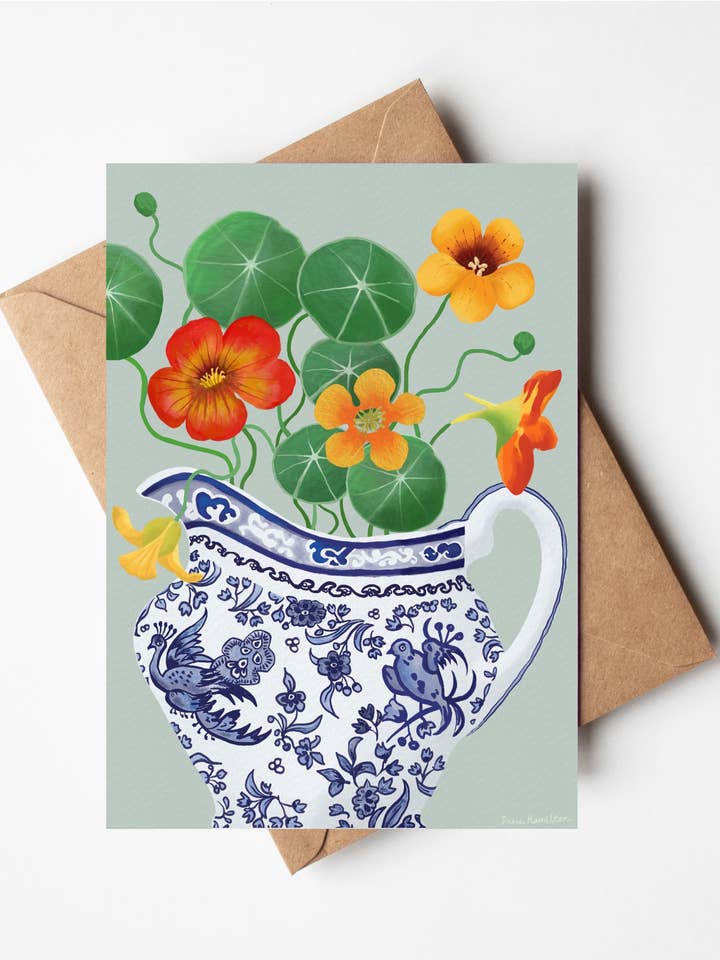 Capuchinas en Jarra de Pájaro Tarjeta para venta al por mayor de Susie Hamilton Art