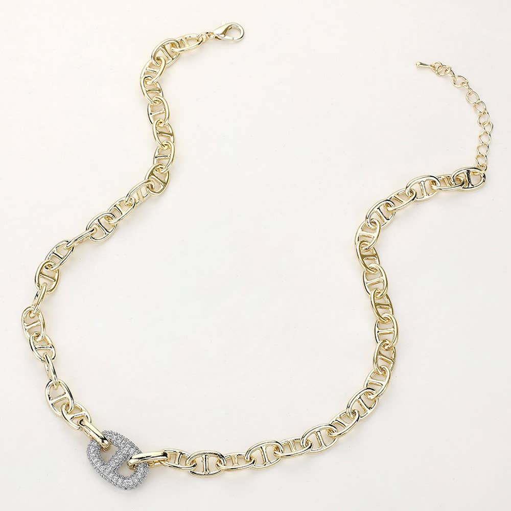 Sensibling Corp. - Wholesale Link & Chain Necklace - 14K Gold Plated CZ Stone Paved Mariner Link Accented Necklace2