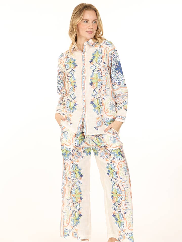 Floral Bohemian Print Linen Style Top & Pants Set QC6412 for wholesale by Beulah Style