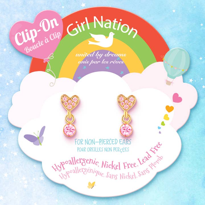 Pendientes Little Luxe Drop CLIP ON | Corazón con CZ Rosa para venta al por mayor de Girl Nation