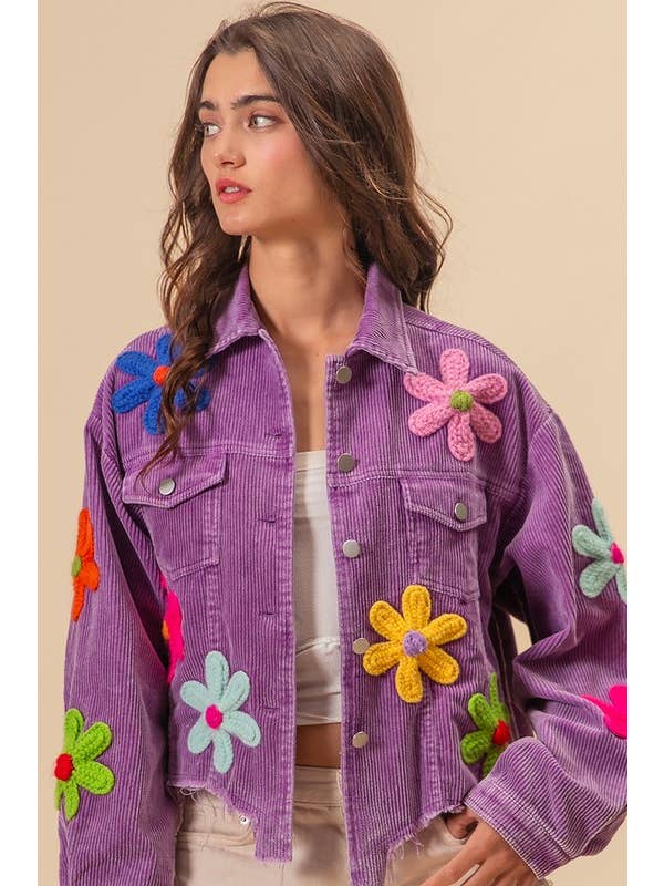 Vanilla Monkey - Wholesale Denim Jacket - Women's - Flower Crochet Patches Vintage Washed Jacket