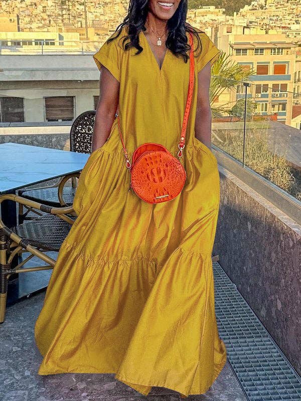 Chicto - Wholesale Dress - Women's - Loose Short Sleeves Pleated Pockets Solid Color Split-Joint V-Neck Maxi Dresses1