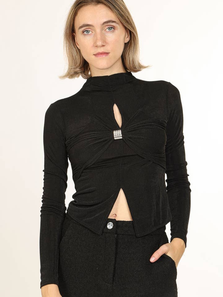 Embellished Ruched Cutout Detail Long Sleeve Top QC2324 for wholesale by Beulah Style