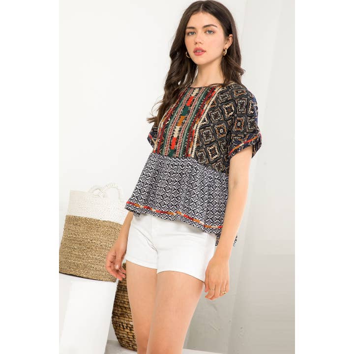 Mixed Print Embroidered Top for wholesale by THML