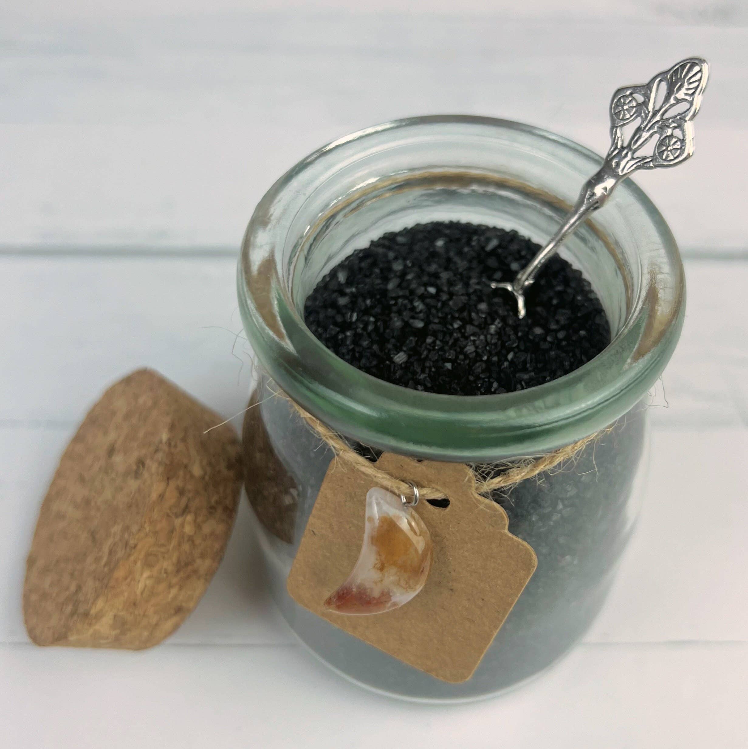 Purple Door ATX – wholesale Meditation supplies – Black Witch's Salt Jar With Natural Moon Stone1